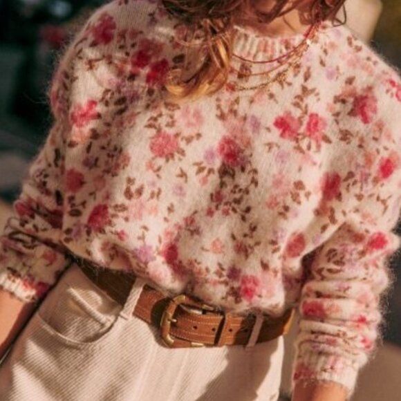 Sezane Amaya Jumper Ecru Blush Floral Crewneck Sweater Causal French - Picture 3 of 10
